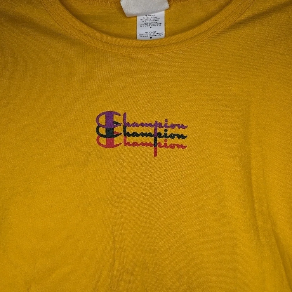 Champion Shirt Mens Medium Yellow Spellout Script Logo Gym Cotton Casual - Picture 3 of 6